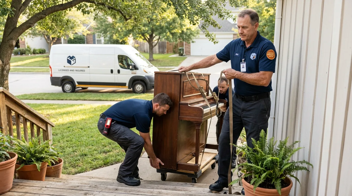 Licensed piano movers securing grand piano in Kirksville, MO