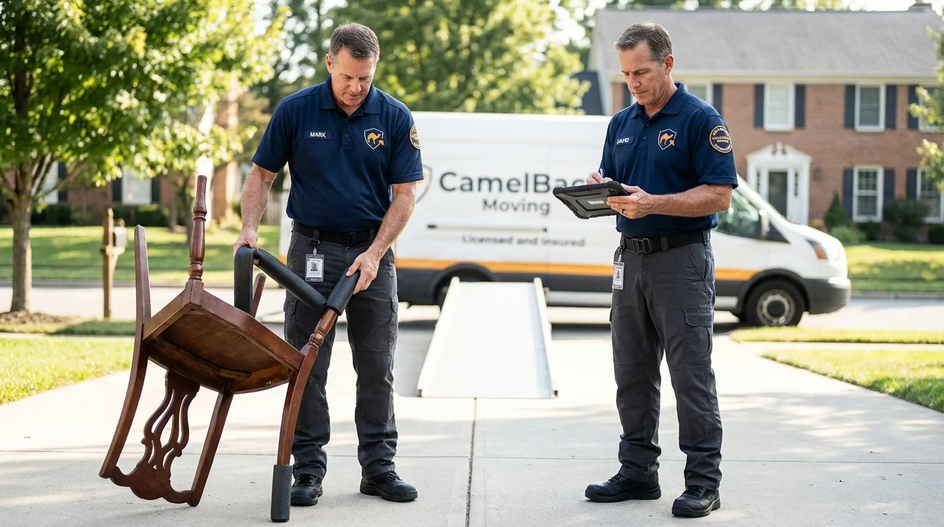 Movers inspecting furniture for damage prevention before loading in Kirksville, MO