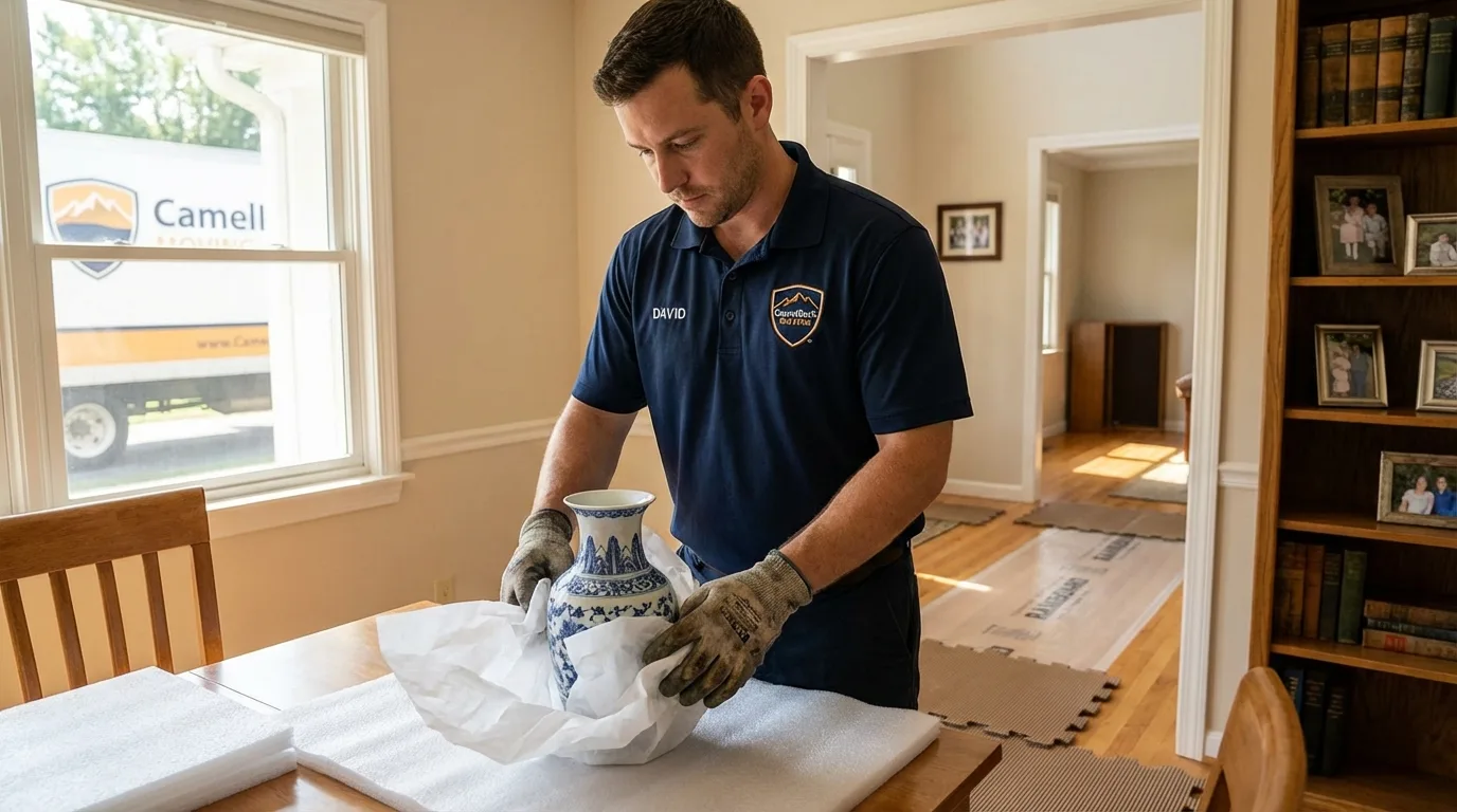 Professional crew carefully wrapping antique vase for senior downsizing move in Kirksville, MO